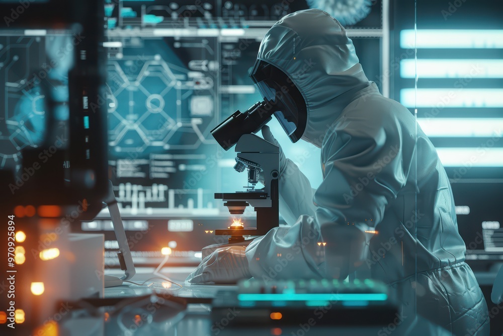 Poster a scientist in a protective suit examines samples under a microscope in a modern laboratory setting 