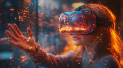  Young girl exploring virtual reality with futuristic VR headset in an immersive digital world, surrounded by glowing lights and high-tech visuals