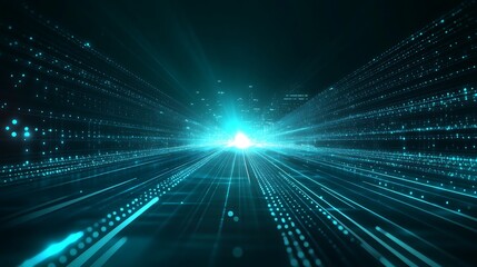 A captivating digital landscape featuring beams of light and data streams, representing technology and innovation in a futuristic setting.