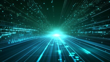 A captivating digital landscape featuring vibrant light beams and glowing particles, evoking a sense of motion and technology.