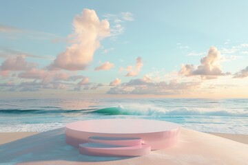 A serene beach scene featuring a pink stage against a backdrop of soft clouds and gentle waves, perfect for creative projects.