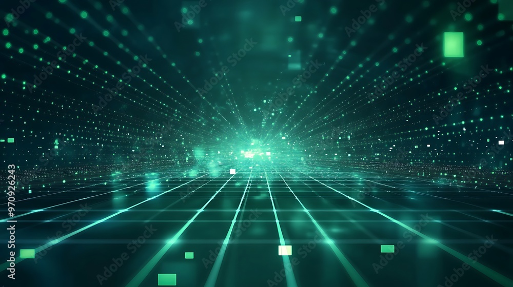 Aufkleber a dynamic digital landscape featuring glowing particles and a grid pattern, ideal for technology and