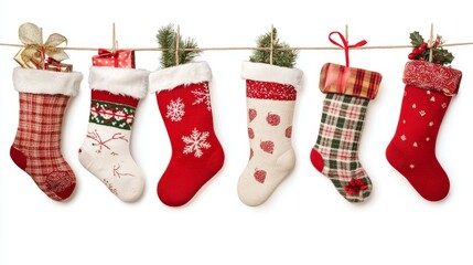 Collage of hanging Christmas socks with gifts on white background