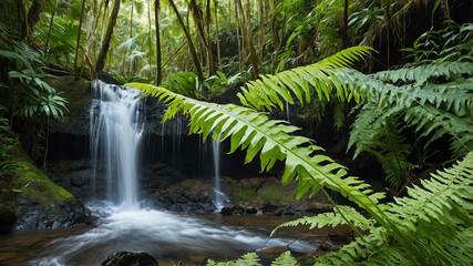 Fern growing beside a waterfall in a tropical forest