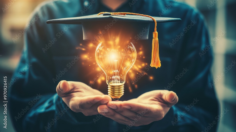 Wall mural e-learning graduate certificate program concept. man holding lightbulb showing graduation hat: inter