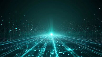A futuristic abstract image featuring glowing lines and particles, creating an immersive digital landscape with depth and motion.