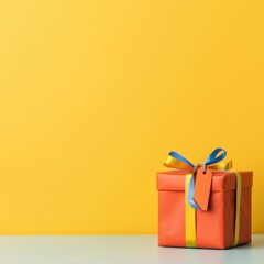 Festive Birthday Gift with Colorful Ribbons and Tag on Table | Space for Text | Happy Celebration Concept