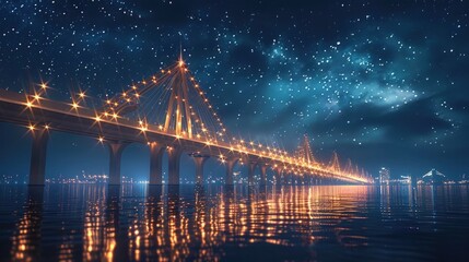 Fototapeta premium Breathtaking nighttime cityscape featuring an illuminated bridge that spans a serene river with the glimmering skyline and its captivating reflections creating a mesmerizing and enchanting scene