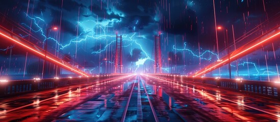 Futuristic cyberpunk style suspension bridge crossing a cityscape under an ominous dramatic electrical storm with neon lighting and intense atmospheric lighting effects