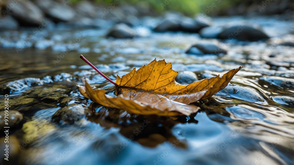 Poster leaf caught in a stream with rocks and clear water around