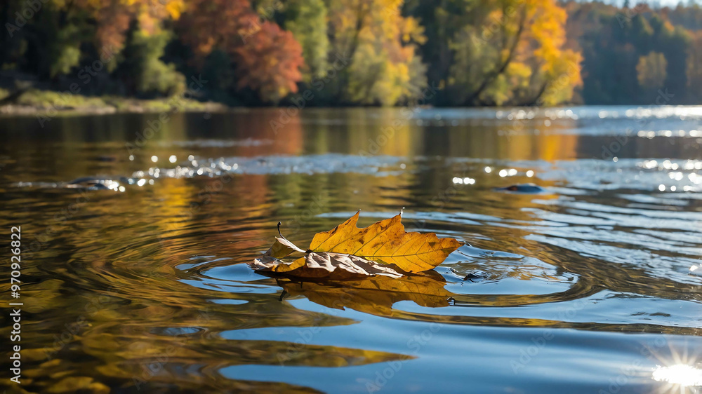 Canvas Prints Leaf floating down a river with autumn trees in the background