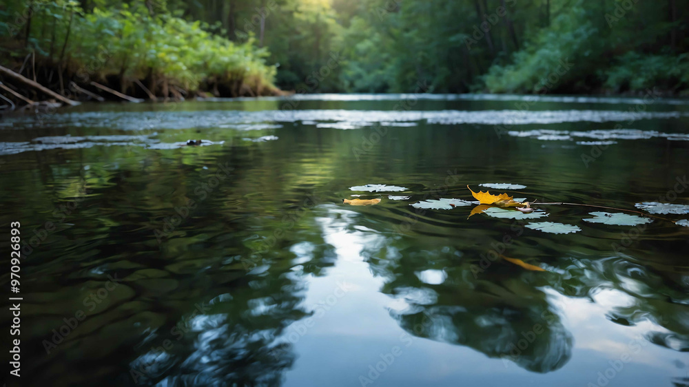 Canvas Prints Leaf floating in a calm river in a forest setting