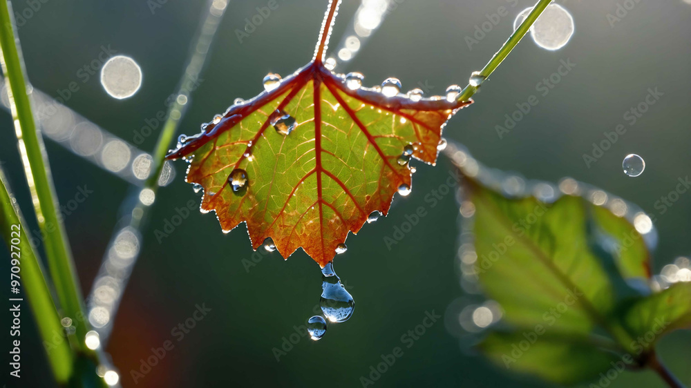 Poster maple leaf caught in a spiderweb in the early morning dew