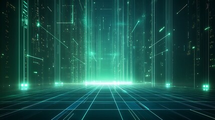 A futuristic digital landscape showcasing glowing lines and particles in green tones, ideal for technology and sci-fi themes.