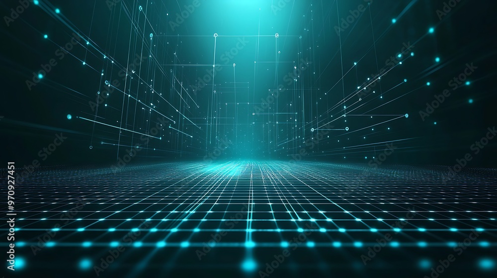 Poster a futuristic digital landscape with glowing dots and lines, creating a sense of depth and technology
