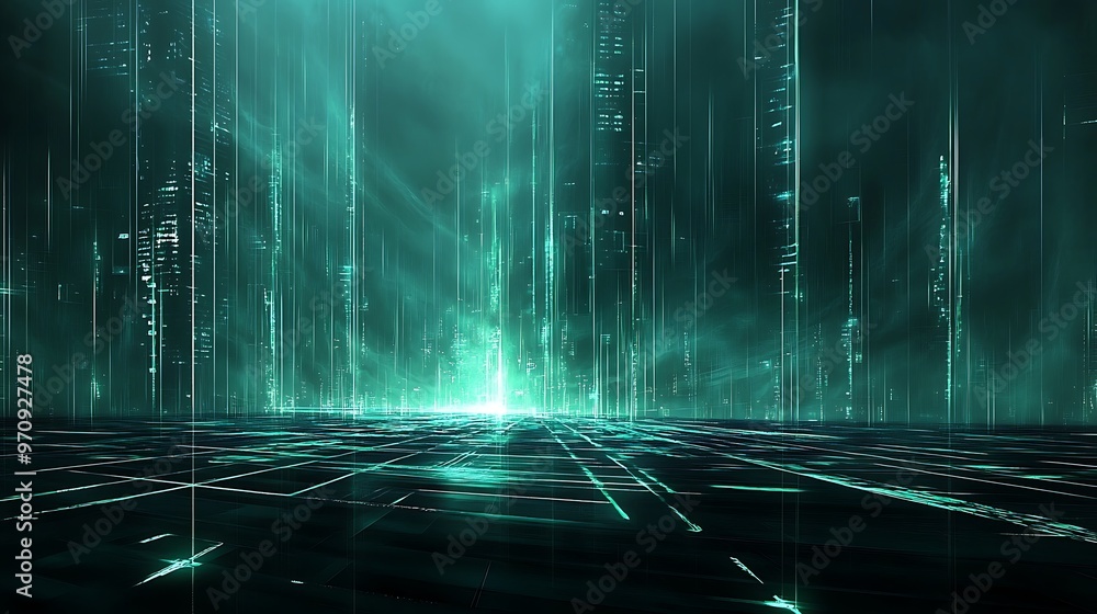 Poster a futuristic digital landscape with glowing green elements and abstract patterns. perfect for techno