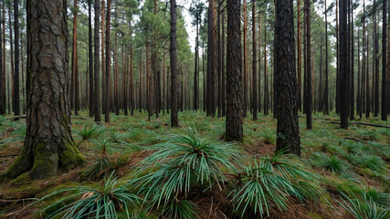 Obraz premium Pine needles covering the ground in a dense forest