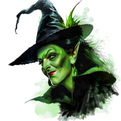 Witch with blue hair and a black hat with a blue face generative ai,
