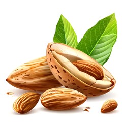 Almonds and green leaves isolated on white background,
