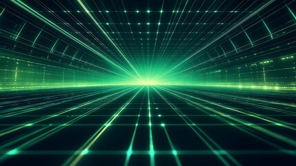 Fototapeta premium A futuristic digital landscape with glowing lines and a vibrant green hue, evoking a sense of depth and technology.