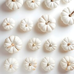 White pumpkins. Round autumn minimal arrangement. Flat lay, top view,
