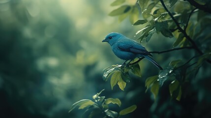 Solitary Blue Bird Perched on a Branch in a Verdant Forest