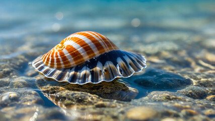 Seashell in a tide pool with clear water and tiny fish