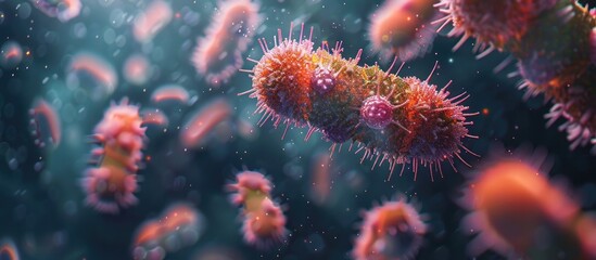 Microscopic view of a vibrant colorful microbial or viral microbiome under close examination in a scientific laboratory setting