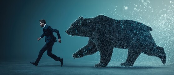 Investor running from a bear made of stock charts, symbolizing market decline, bear market, panic sell