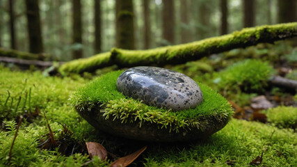 Smooth pebble nestled among moss in a quiet forest