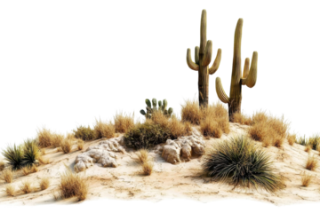 Desert landscape with tall cacti and succulents in sandy terrain, showcasing the rugged beauty of arid environments.