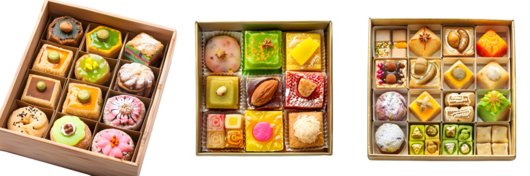 A variety of colorful Indian sweets arranged in a gift box for celebrations, isolated on a white background