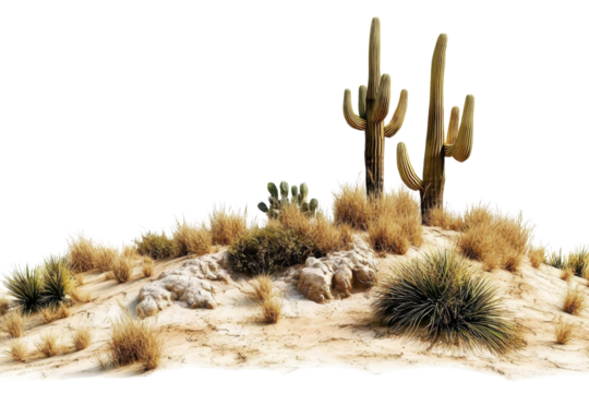 Desert landscape with tall cacti and succulents in sandy terrain, showcasing the rugged beauty of arid environments.