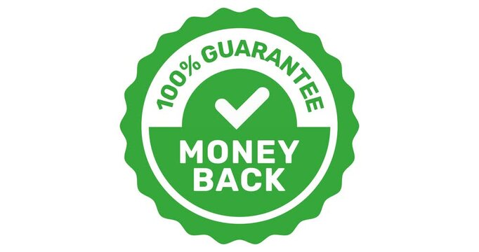 Money back guarantee label with checkmark, refund guarantee animated seal or stamp, footage
