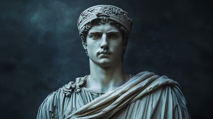 Obraz premium Ancient Roman Emperor Depicted as a Greek Statue in Classical Sculpture. Roman Ruler in Marble, Wearing a Toga and Laurel Wreath, Symbol of Power and Authority. Closeup of Detailed Greek-Style Statue 