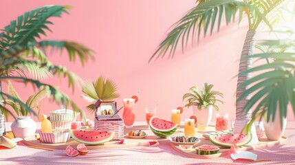 Obraz premium A vibrant tropical setup with fresh fruits, refreshing drinks, and decorative elements under palm leaves. Perfect for summer vibes.