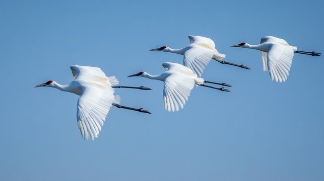 Four White Cranes in Formation Flying Against a Clear Blue Sky