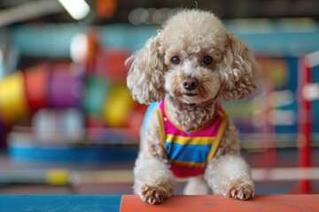 Adorable poodle in colorful outfit posing playfully in a vibrant indoor play area for pets.