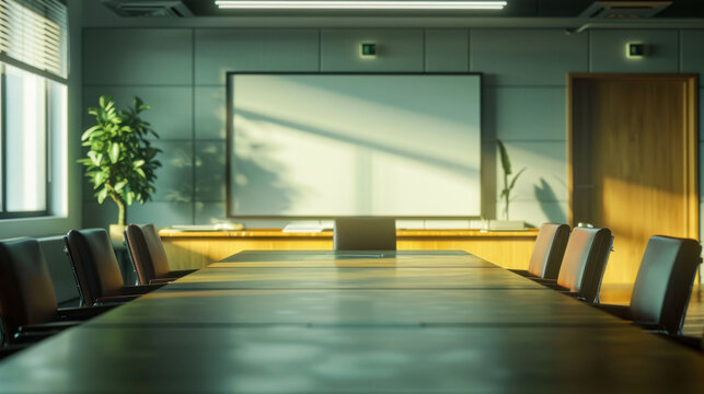 Bright conference room with long table and whiteboard