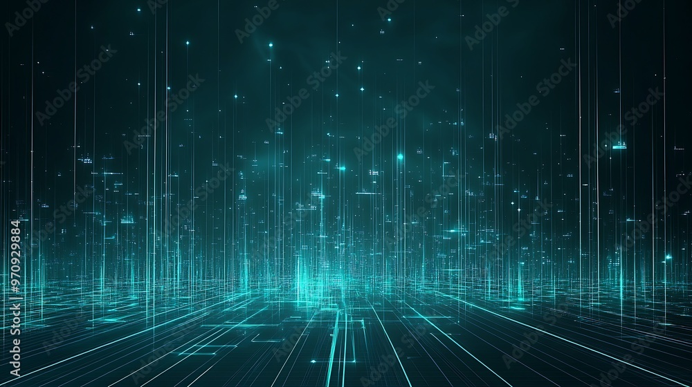 Poster a mesmerizing digital landscape featuring glowing lines and particles, creating an atmosphere of adv