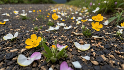 Wildflower petals scattered on the ground after a storm