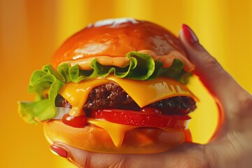 Delicious cheeseburger with fresh lettuce, juicy tomato, and melted cheese, served against a vibrant yellow background.