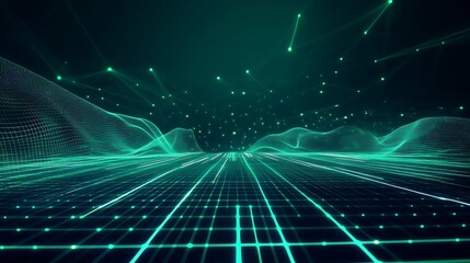 Obraz premium A mesmerizing digital landscape with green glowing lines and floating particles, ideal for technology and abstract themes.