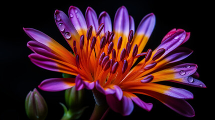 Obraz premium close up of one yellow and purple flower isolated on black background 