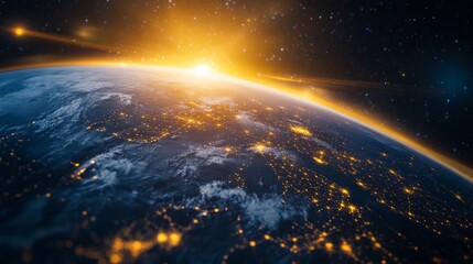 Obraz premium Beautiful blue planet earth with yellow light lines of communication: creative idea. Transfer and data transmission: concept. Journey. Technology and Communication Net: concept