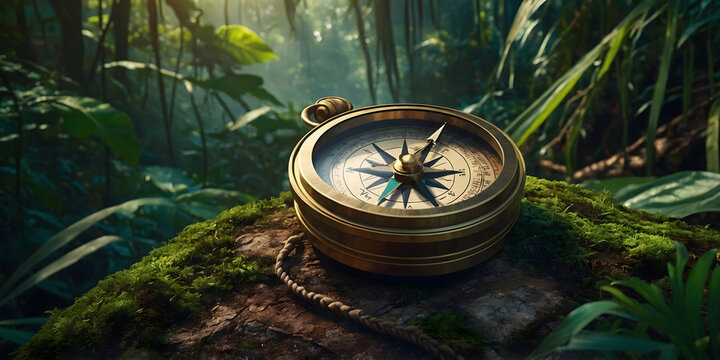A close-up image of a vintage brass compass resting on a moss-covered surface in the middle of a lush, green jungle. 