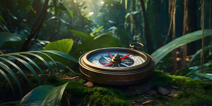 A close-up image of a vintage brass compass resting on a moss-covered surface in the middle of a lush, green jungle. 