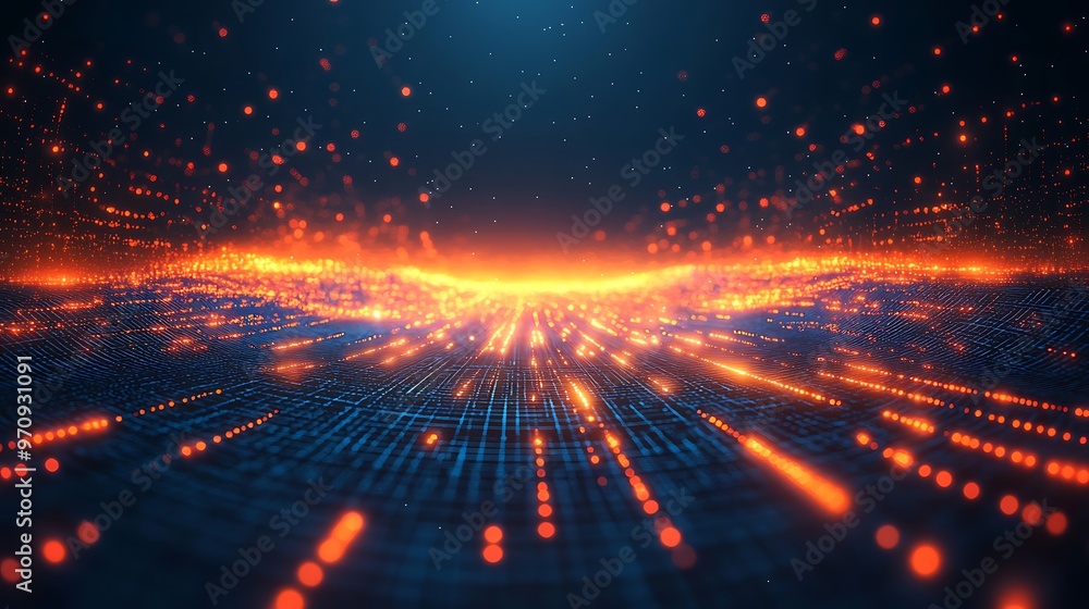 Poster a stunning abstract visual of glowing lines and particles, representing a vibrant digital landscape 