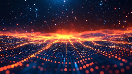 A stunning blend of vibrant colors and digital patterns depicting a futuristic landscape with glowing elements and cosmic beauty.