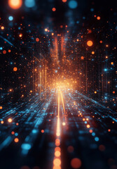 Dark tunnel with a light on it and a blue background with the lights bokeh. Generative ai